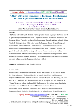 A Study of Common Expressions in English and Farsi Languages and Their Equivalents in Gilaki Dialect in North of Iran