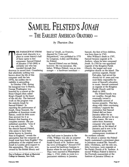 SAMUEL FELSTED's JONAH the EARLIEST AMERICAN ORATORIO by Thurston Dox