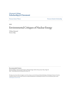 Environmental Critiques of Nuclear Energy William Hummel Pomona College