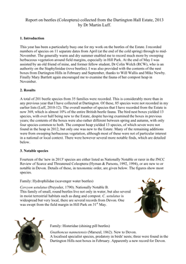 Report on Beetles (Coleoptera) Collected from the Dartington Hall Estate, 2013 by Dr Martin Luff
