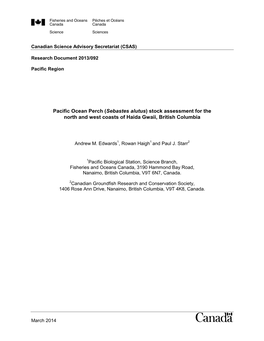 Pacific Ocean Perch (Sebastes Alutus) Stock Assessment for the North and West Coasts of Haida Gwaii, British Columbia