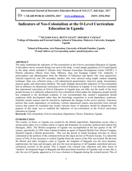 Indicators of Neo-Colonialism at the O-Level Curriculum Education in Uganda