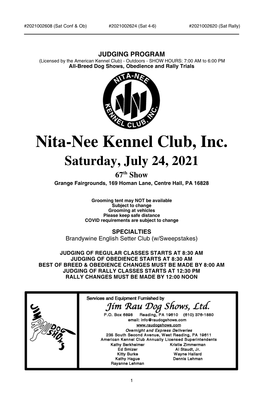 Nita-Nee Kennel Club, Inc. Saturday, July 24, 2021 67Th Show Grange Fairgrounds, 169 Homan Lane, Centre Hall, PA 16828