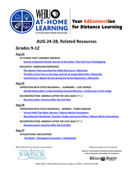 AUG 24-28, Related Resources Grades 9-12