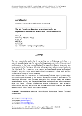 The Via Francigena Salentina As an Opportunity for Experiential Tourism and a Territorial Enhancement Tool