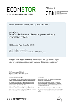 Post-EPIRA Impacts of Electric Power Industry Competition Policies