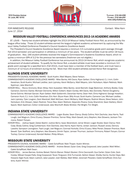 Missouri Valley Football Conference Announces 2013-14 Academic Awards Illinois State University Indiana State University Missour