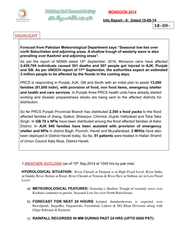 PRCS Sitrep No.6, Monsoon Floods 15Th Sep, 14