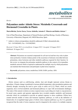 Polyamines Under Abiotic Stress: Metabolic Crossroads and Hormonal Crosstalks in Plants