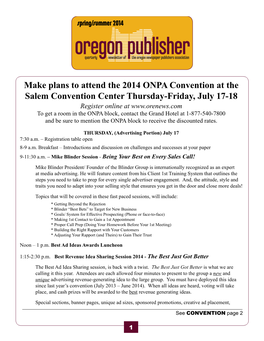 Make Plans to Attend the 2014 ONPA Convention at the Salem