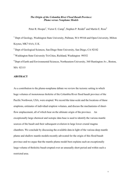 The Origin of the Columbia River Flood Basalt Province: Plume Versus Nonplume Models