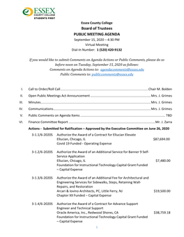 Board of Trustees PUBLIC MEETING AGENDA September 15, 2020 – 4:30 PM Virtual Meeting Dial-In Number: 1 (520) 420-9132