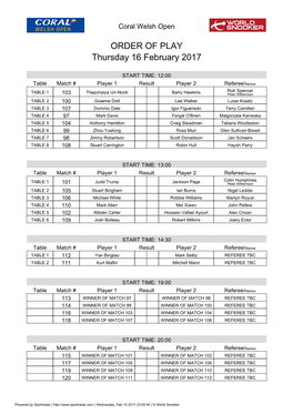 ORDER of PLAY Thursday 16 February 2017