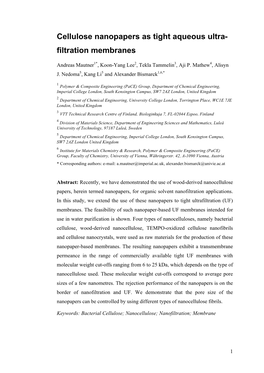 Cellulose Nanopapers As Tight Aqueous Ultra- Filtration Membranes