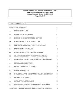 Institute for Pure and Applied Mathematics, UCLA Award/Institution #0439872-013151000 Annual Progress Report for 2009-2010 August 1, 2011