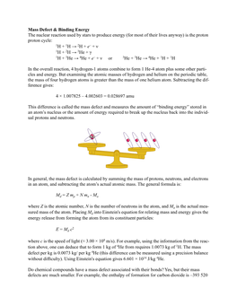 Mass Defect & Binding Energy the Nuclear Reaction Used by Stars To