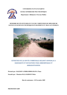 Entretien De La Route Communale Reliant Anosiala a Iarinarivo Et Deviations Vers Ambohipiara Et Ambadatoanina