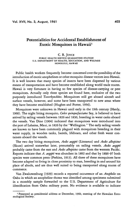 Potentialities for Accidental Establishment of Exotic Mosquitoes in Hawaii1