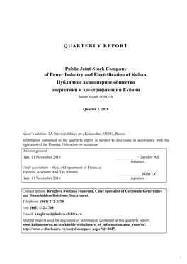 QUARTERLY REPORT Public Joint-Stock Company of Power Industry and Electrification of Kuban, Публичное Акционе