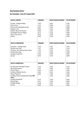 West Buckland School Bus Timetable – from 29Th August 2018 Croyde