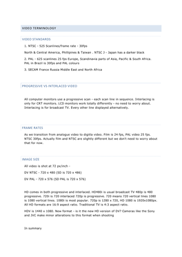 Video Terminology Video Standards Progressive Vs