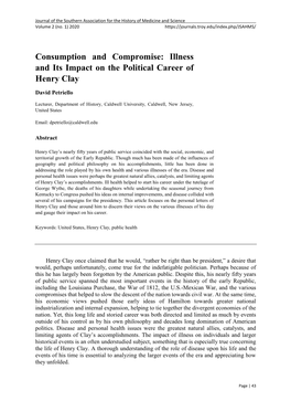 Consumption and Compromise: Illness and Its Impact on the Political Career of Henry Clay