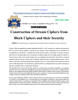 Construction of Stream Ciphers from Block Ciphers and Their Security