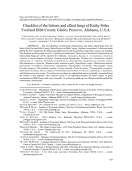 Checklist of the Lichens and Allied Fungi of Kathy Stiles Freeland Bibb County Glades Preserve, Alabama, U.S.A