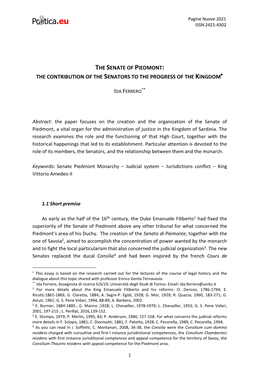 The Senate of Piedmont: the Contribution of the Senators to the Progress of the Kingdom