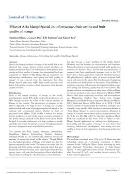 Journal of Horticulture Extended Abstract Effect of Arka Mango Special on Inflorescence, Fruit Setting and Fruit Quality of Mango