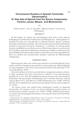 Chromosome Numbers in Spanish Formicidae (Hymenoptera) IV