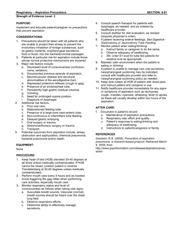 Respiratory – Aspiration Precautions SECTION: 9.01 Strength of Evidence Level: 3