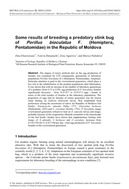 Some Results of Breeding a Predatory Stink Bug of Perillus Bioculatus F. (Hemiptera, Pentatomidae) in the Republic of Moldova