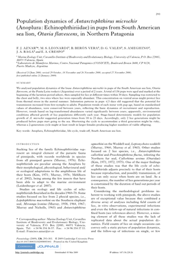 Population Dynamics of Antarctophthirus Microchir (Anoplura: Echinophthiriidae) in Pups from South American Sea Lion, Otaria Flavescens, in Northern Patagonia