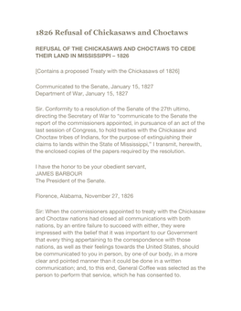 1826 Refusal of Chickasaws and Choctaws