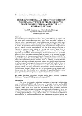 Disturbance Theory and Opposition Politics in Nigeria: an Appraisal of All Progressives Congress (Apc) Performance in the 2015 General Elections