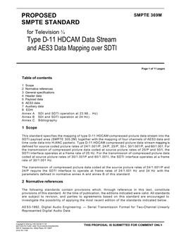 Type D-11 HDCAM Data Stream and AES3 Data Mapping Over SDTI