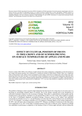 Effect of Cultivar, Position of Fruits in Tree-Crown and of Summer Pruning on Surface Temperature of Apples and Pears, Ejpau, 15(2), #03