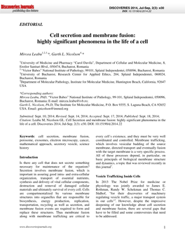 Cell Secretion and Membrane Fusion: Highly Significant Phenomena in the Life of a Cell