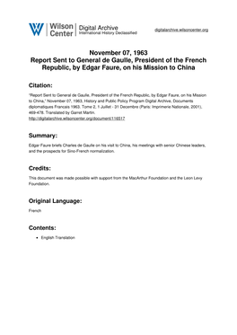 November 07, 1963 Report Sent to General De Gaulle, President of the French Republic, by Edgar Faure, on His Mission to China