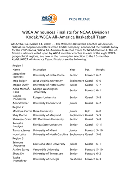 WBCA Announces Finalists for NCAA Division I Kodak/WBCA All-America Basketball Team 2004-05 031405