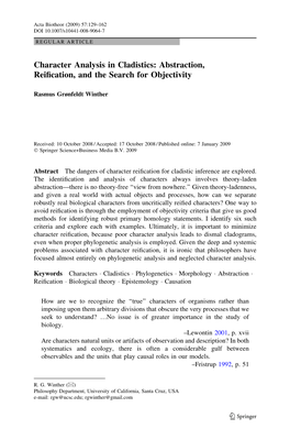 Character Analysis in Cladistics: Abstraction, Reiﬁcation, and the Search for Objectivity