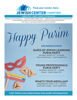 Gates of Jewish Learning Purim Party Sunday, March 17 | 10:30Am the Clubhouse | East Hampton