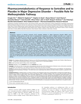 Pharmacometabolomics of Response to Sertraline and to Placebo in Major Depressive Disorder – Possible Role for Methoxyindole Pathway