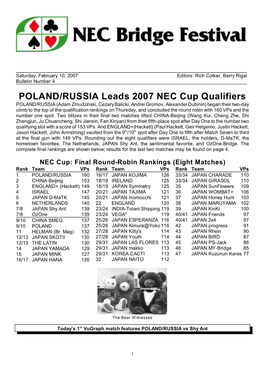 POLAND/RUSSIA Leads 2007 NEC Cup Qualifiers