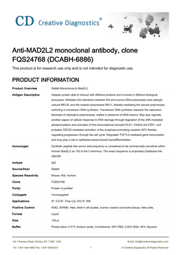 Anti-MAD2L2 Monoclonal Antibody, Clone FQS24768 (DCABH-6886) This Product Is for Research Use Only and Is Not Intended for Diagnostic Use