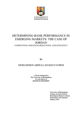 Determining Bank Performance in Emerging Markets: the Case of Jordan Competition, Portfolio Behaviour, and Efficiency
