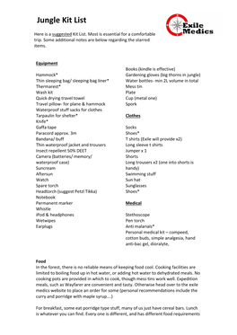 Jungle Kit List