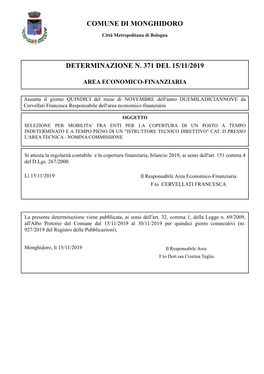 Comune Di Monghidoro Determinazione N. 371 Del 15