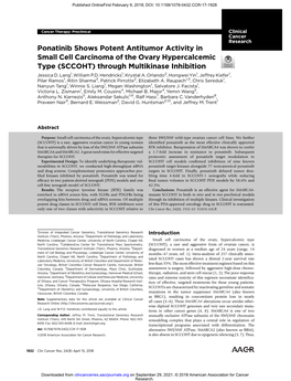 Ponatinib Shows Potent Antitumor Activity in Small Cell Carcinoma of the Ovary Hypercalcemic Type (SCCOHT) Through Multikinase Inhibition Jessica D